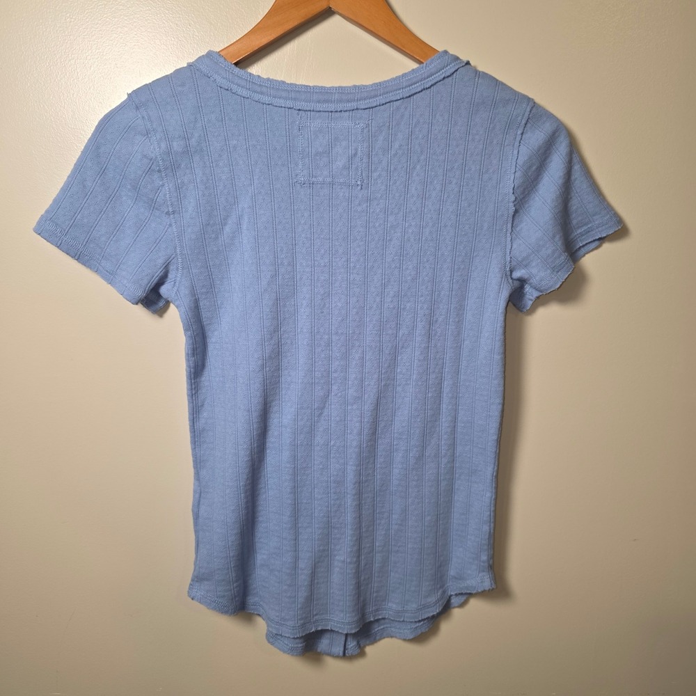 Aerie Women Blue Ribbed Button‎ Front Tie Neck Short Sleeve Top 078-5496-3833 S - Picture 7 of 7